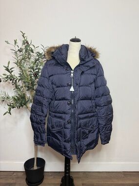 Moncler Navy Down-Fill Hooded Puffer with Fur Trim